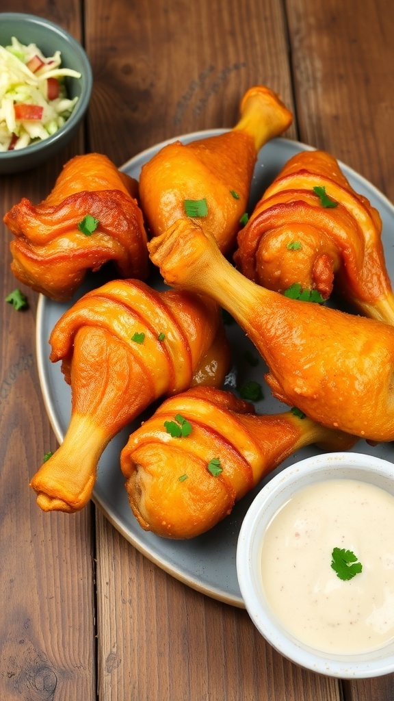 Crispy pan-fried chicken drumsticks on a plate with herbs and sides.
